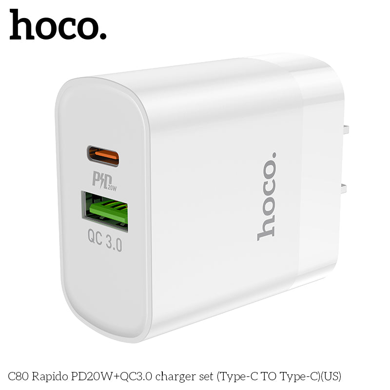 HOCO Rapid PD20W+QC3.0 Charger Set (Type-C to Type-C) - C80