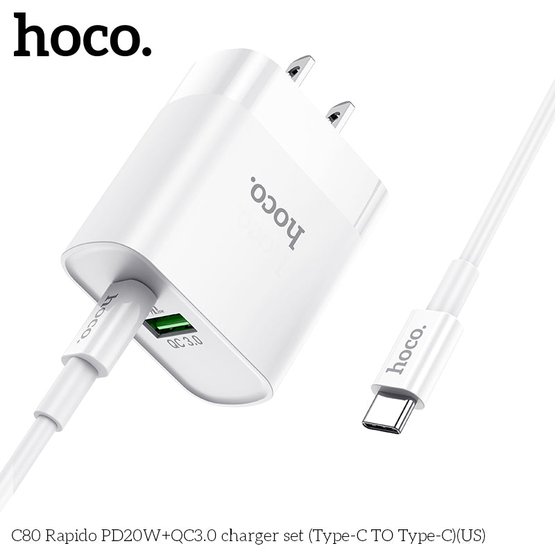 HOCO Rapid PD20W+QC3.0 Charger Set (Type-C to Type-C) - C80