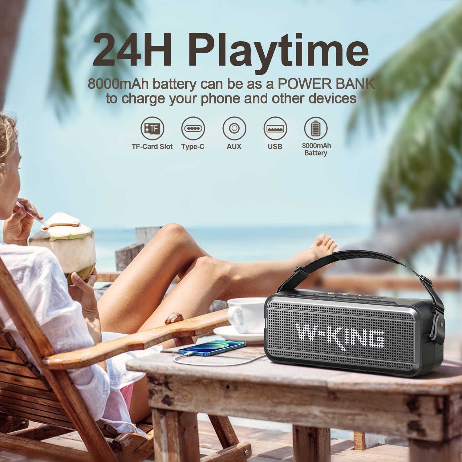 W-KING Bass Bluetooth Speaker with 24H Playtime/8000mAh Power Bank | S27