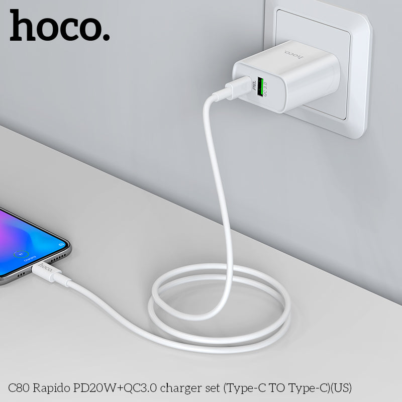 HOCO Rapid PD20W+QC3.0 Charger Set (Type-C to Type-C) - C80